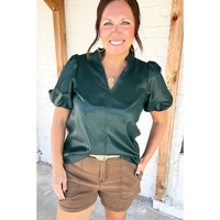 Sea Green  Notched V Neck Short Puff Sleeve PU Leather Blouse - L thumbnail