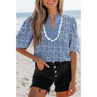 Blue Floral Striped Print Contrast Ric-rac Puff Sleeve Top - L thumbnail