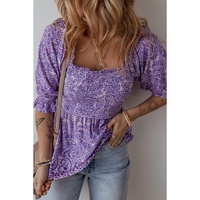 Purple Boho Paisley Print Half Sleeve Shirred Peplum Blouse - L thumbnail
