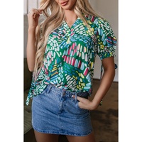 Green Brushwork Geometric Print Puff Sleeve Notched Neck Blouse - L thumbnail