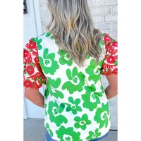 Green Contrast Embroidered Puff Short Sleeve Floral Blouse - L thumbnail