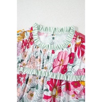Pink Floral Print Contrast Ruffle Trim Short Sleeve Blouse - L thumbnail