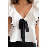 White Contrast Bow Ruffle Trim V Neck Blouse - L thumbnail