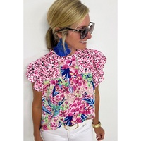 Pink Floral Mixed Print Ruffle Cap Sleeve Blouse - L thumbnail