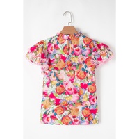 Multicolour Lace Trim Ruffle Short Sleeve Floral Blouse - S thumbnail