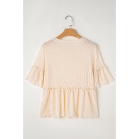 Beige Solid Color Textured Ruffled Short Sleeve Blouse - XL thumbnail
