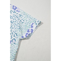 Sky Blue Mixed Leopard Print V Neck Short Sleeve Blouse - L thumbnail