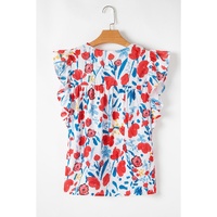 Red Flowers Pintuck Detail V-Neck Ruffled Sleeve Top - L thumbnail