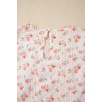 Pink Floral Print Embroidery Detail Crochet Cap Sleeve Blouse - L thumbnail