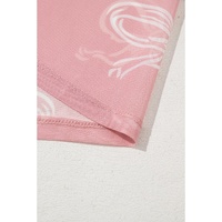 Pink Round Neck Bow Print Long Sleeve Mesh Top - L thumbnail
