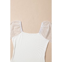 White Swiss Dot Mesh Long Sleeve Square Neck Slim Top - L thumbnail