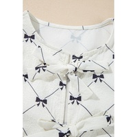 White Bowknot Print Front Knots Bubble Sleeve Blouse - L thumbnail