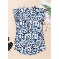 Sky Blue Boho Abstract Print Pintuck Detail Ruffled Top - L thumbnail