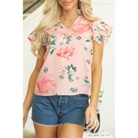 Pink Floral Print Frilled V Neck Pleated Sleeve Blouse - L thumbnail