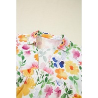 Yellow Floral Boxy Fit Ruffled Short Sleeve V Neck Blouse - L thumbnail