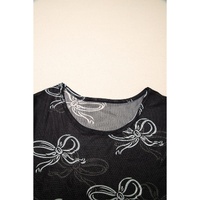 Black Bow Printed Mesh Short Sleeve Top - L thumbnail