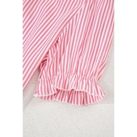 Pink Stripe Notched Neck Frilled Short Puff Sleeve Blouse - L thumbnail
