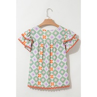 Green Geometric Floral Print Layered Flutter Sleeve V Neck Ric Rac Trim Blouse - M thumbnail