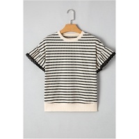 Black Stripe Scallop Lace Trim Ruffle Short Sleeves Crewneck Top - L thumbnail