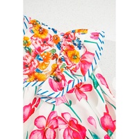 Pink Floral Print Striped Detail Split Neck Short Sleeve Blouse - L thumbnail