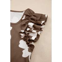 Brown Floral Textured Ruffled Short Sleeve Square Neck Blouse - L thumbnail