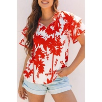 Red Plant Print Tiered Ruffled Sleeve V Neck Blouse - M thumbnail