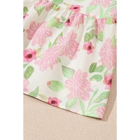 Pink Floral Print Drawstring V Neck Peplum Blouse - L thumbnail