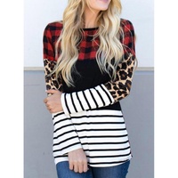 Plaid Print Leopard Splicing Striped Color Block Long Sleeve Top - L thumbnail