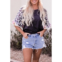Azura Exchange Leopard Floral Patchwork Ruffle Bell Sleeve Top - M thumbnail