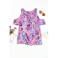 Azura Exchange Lavender Floral Print Cold Shoulder Blouse - S thumbnail