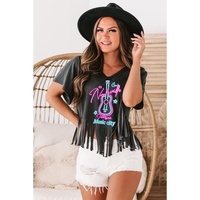 Azura Exchange Guitar Slogan Print Fringed V Neck Graphic Tee - L thumbnail