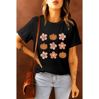 Black Pumpkin Flower Print Short Sleeve Graphic Top - 2XL thumbnail