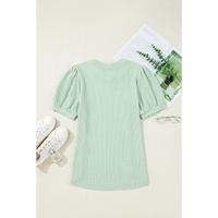 Mist Green Textured Round Neck Short Puff Sleeve Top - L thumbnail