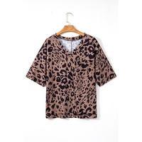 Brown Leopard Print V Neck Half Sleeve Oversized Tee - L thumbnail