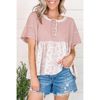 Pink Waffle Floral Patchwork Exposed Seam Detail Short Sleeve Top - L thumbnail