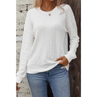 White Round Neck Drop Shoulder Textured Knit Top - S thumbnail
