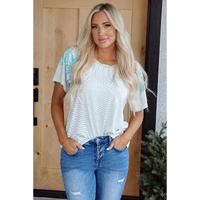 White Stripe Floral Insert Sleeves Contrast Round Neck Tee - L thumbnail
