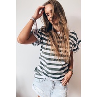 Sea Green Striped V Neck Ruffle Sleeve Top - L thumbnail