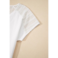 White Lace Crochet Textured Button Back V Neck T Shirt - XL thumbnail