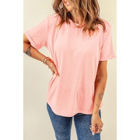 Pink Casual Plain Crew Neck Tee - L thumbnail