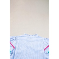 Sky Blue Stripe Ricrac Trim Split Neck Striped Ruffled Sleeve Blouse - L thumbnail