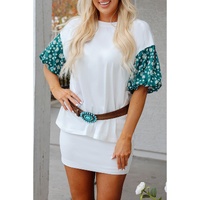 White Contrast Floral Puff Sleeve Oversized Top - M thumbnail