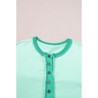 Bright Green Contrast Color Patchwork Half Button T Shirt - M thumbnail