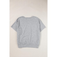 Light Grey USA Lettering Patch Notched Neck Loose Tee - L thumbnail