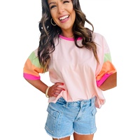 Pink Color Block Stitching Sleeve Round Neck Oversize Top - 2XL thumbnail