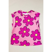 Pink Flower Print Round Neck Cap Sleeve T Shirt - L thumbnail