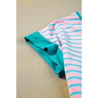 Pink Stripe Contrast Trim Half Zip Short Sleeve Top - L thumbnail