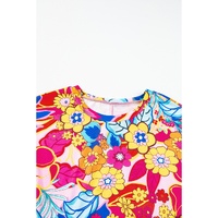 Rose Floral Print Short Sleeve Pleated Babydoll Top - M thumbnail