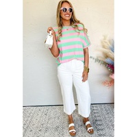 Pink Stripe Colorblock Cuffed Sleeve Loose Tee - M thumbnail