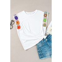 White Floral Crochet Sleeve Crew Neck Top - XL thumbnail